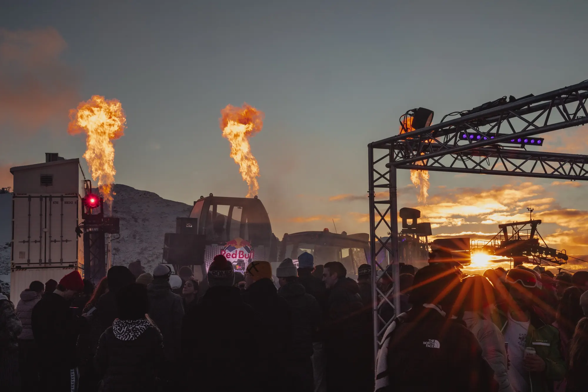 Flame effects over the truss stage at sunset, Buller Open-Air