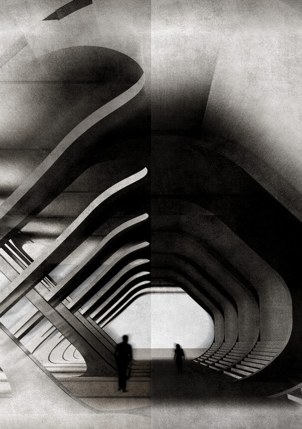 Curved concrete circulation with figures