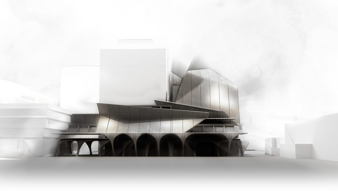 Front elevation render of the archive