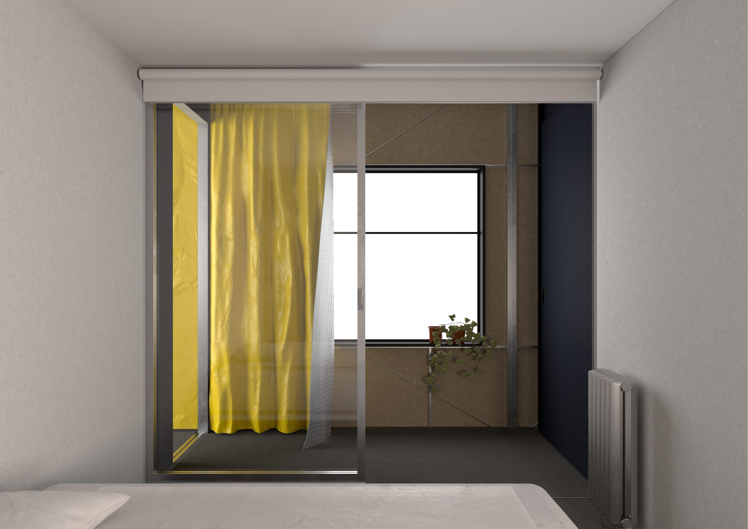 Interior render of a bedroom with a yellow curtain