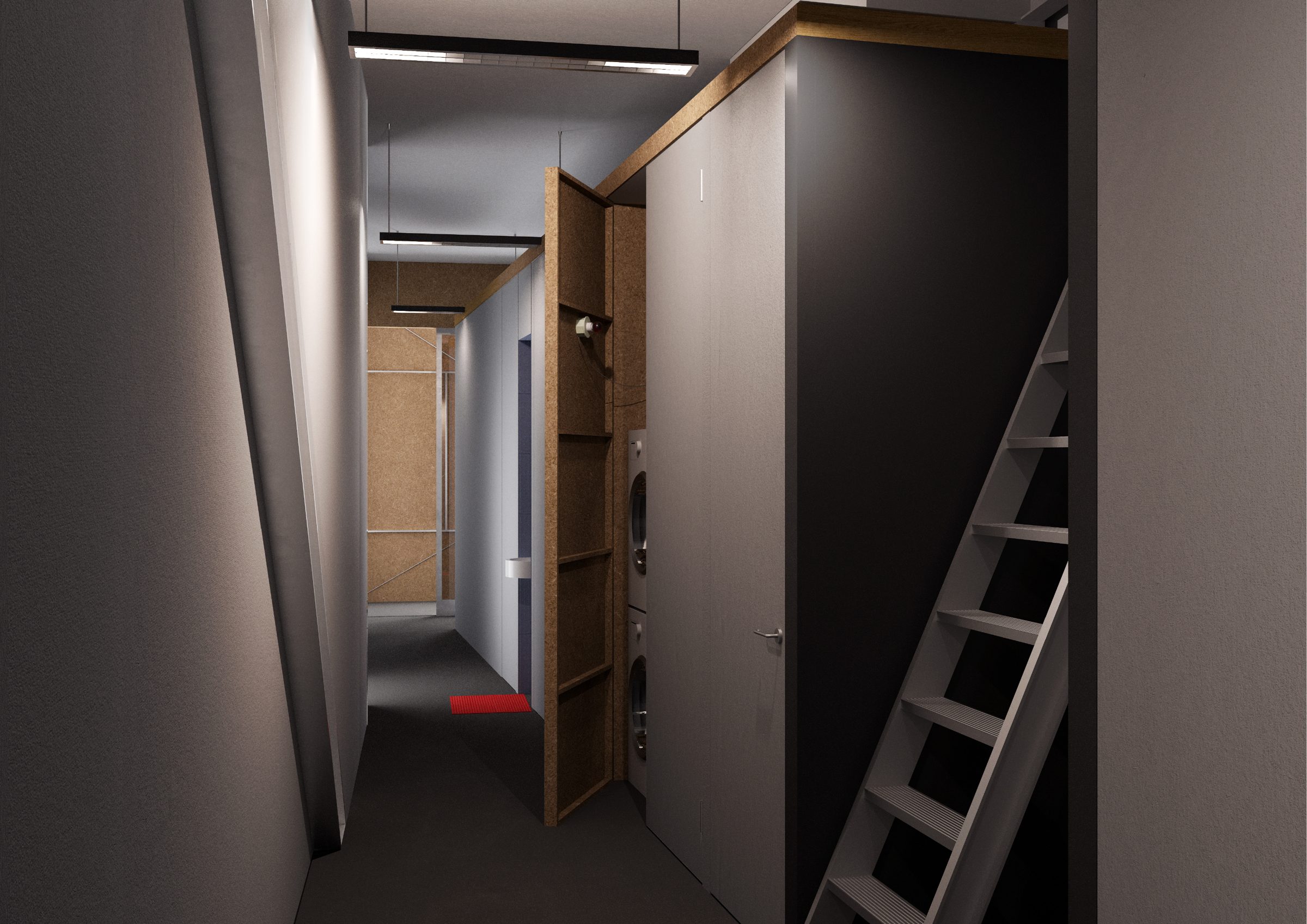 Interior render of a corridor with a ladder