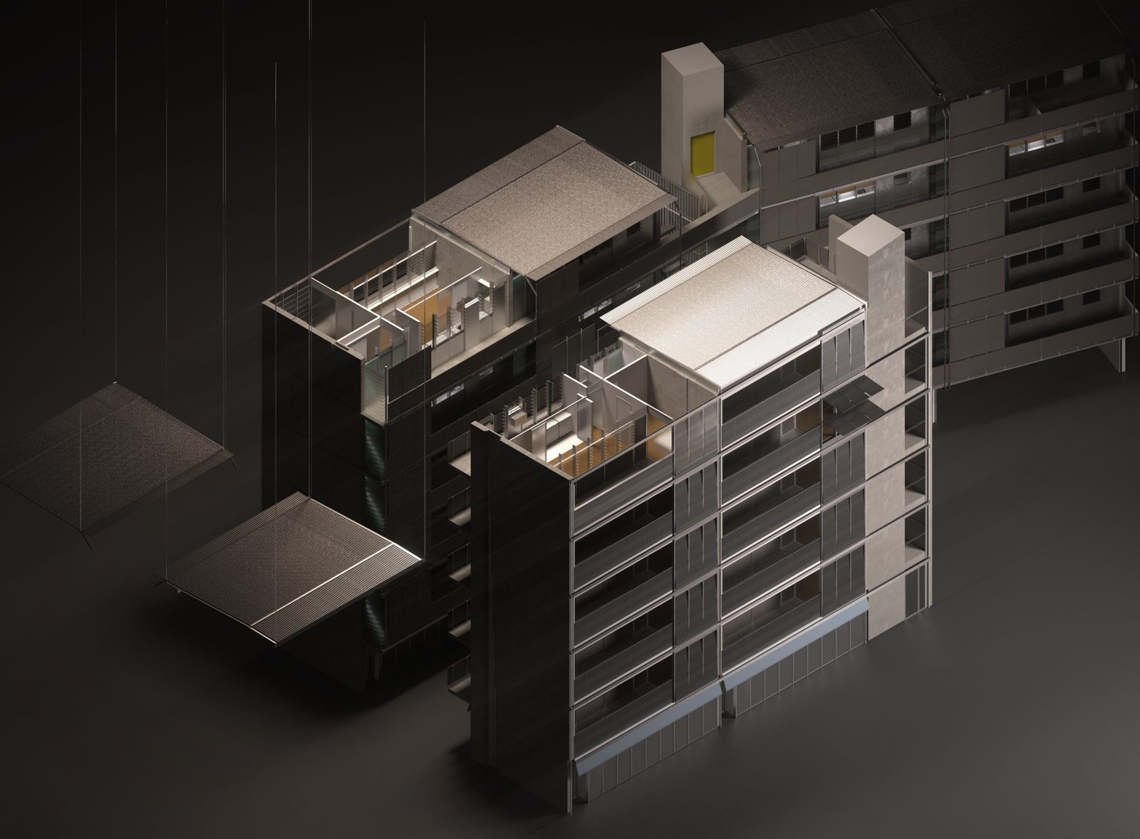 Exploded axonometric render of the Parti Line housing blocks
