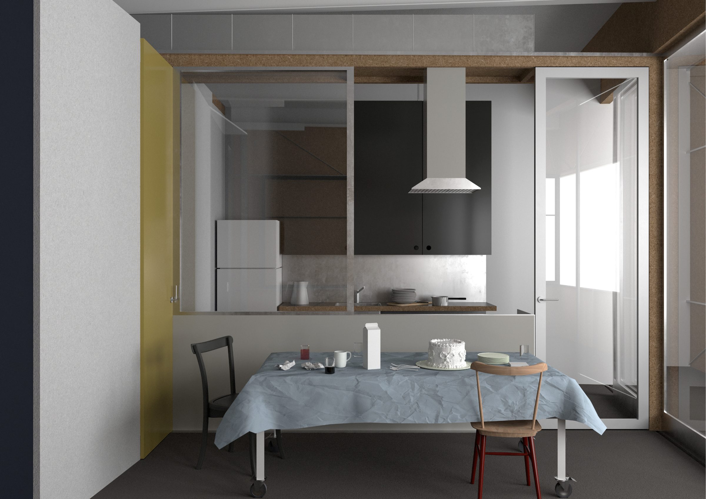 Interior render of a kitchen and dining space
