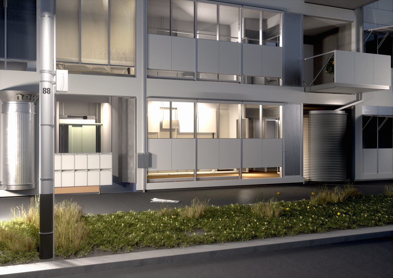 Street-front render of the housing block at night, Parti Line
