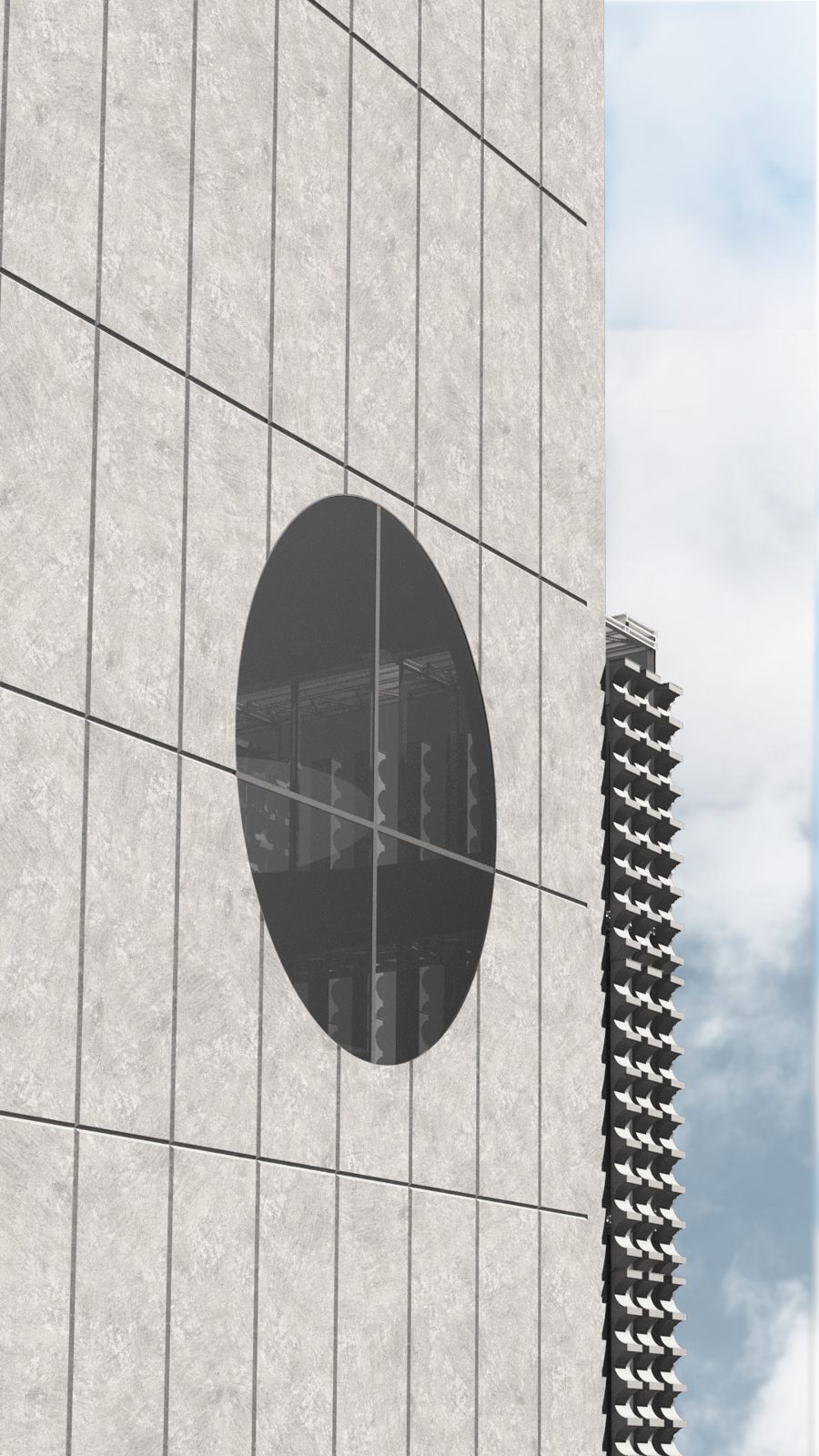 Facade with a circular opening cut through it