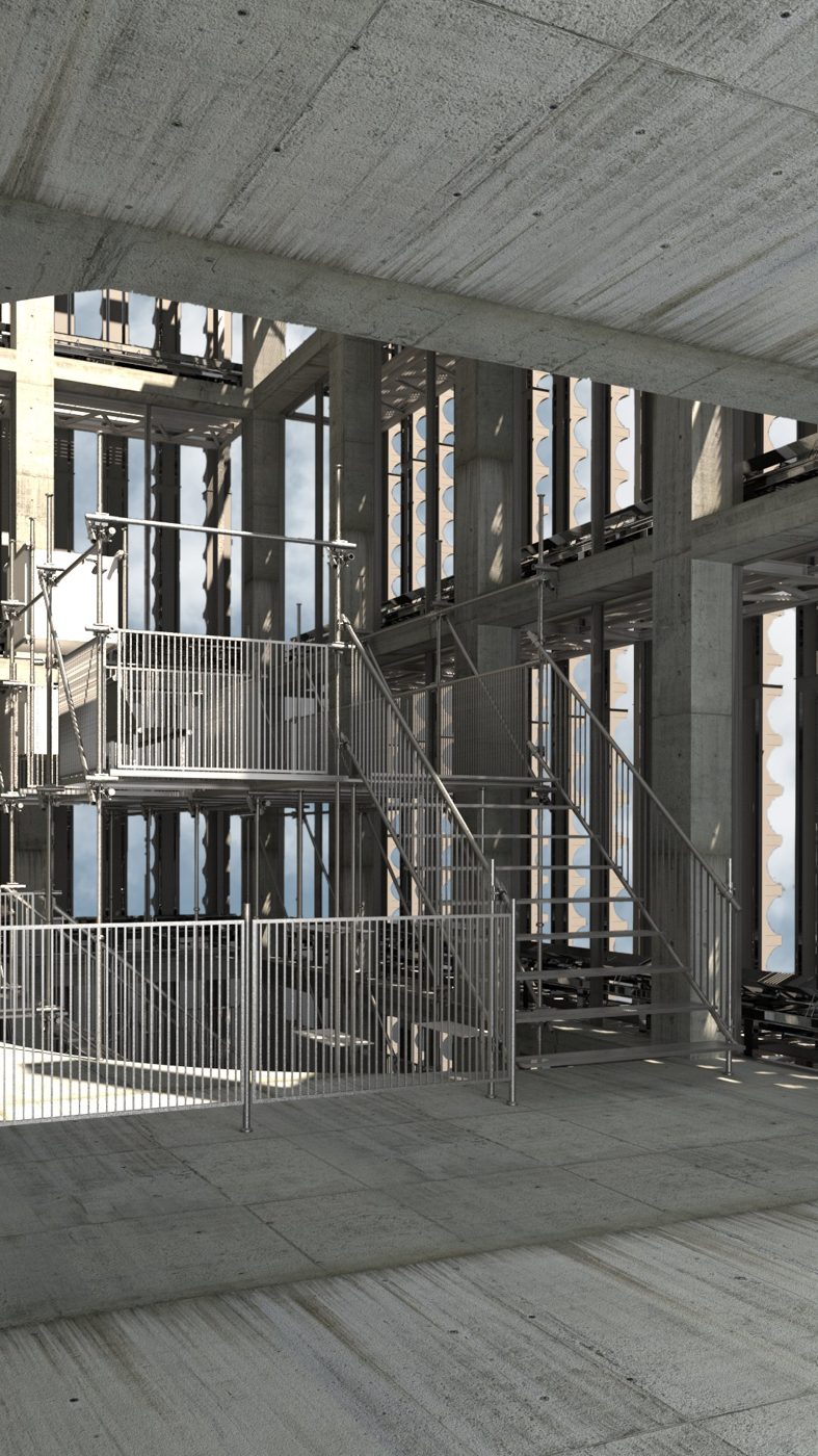 Scaffolding inside the carved-out building