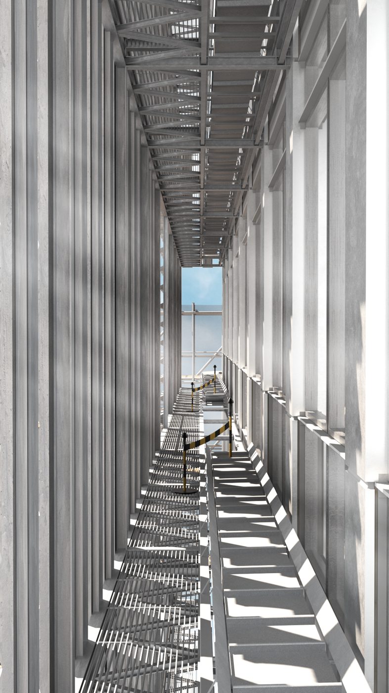 Long interior walkway lit through the facade