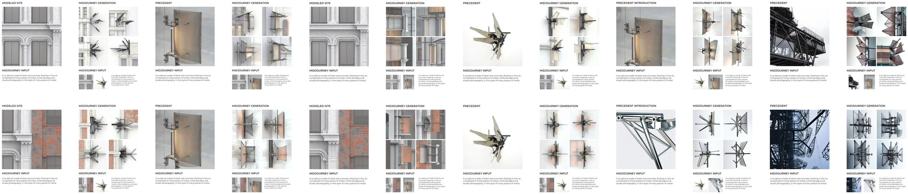 Design process: two rows of modelled site, precedent and Midjourney input and generation images, each with its prompt text